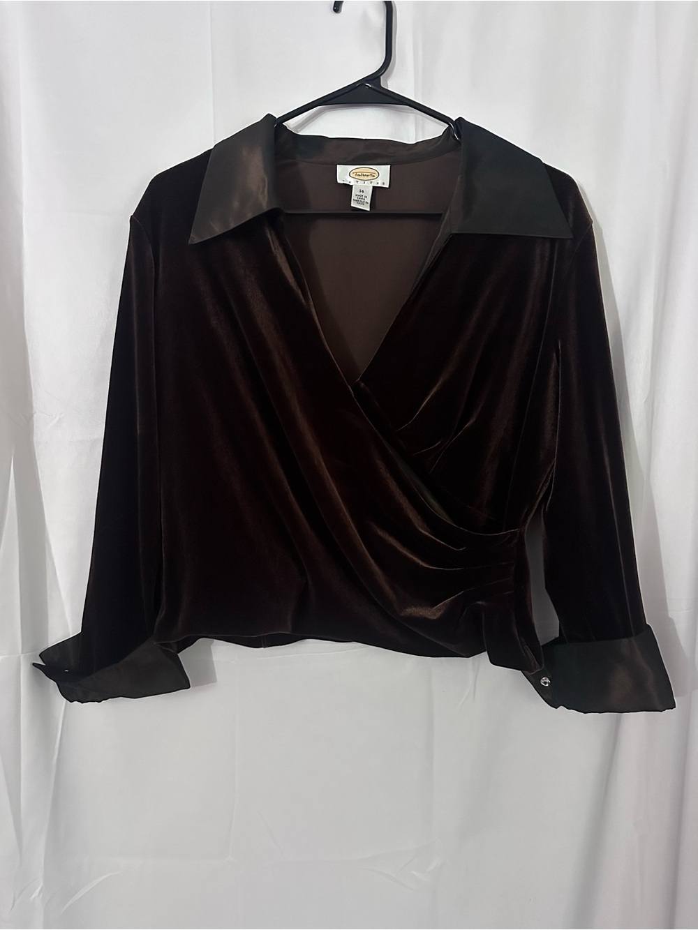 Talbots Dark Brown Velvet Wrap Blouse with Satin Collar